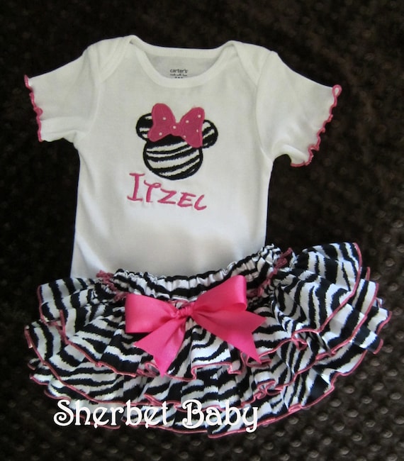 Sassy Pants Ruffle Diaper Cover Bodysuit or Shirt Appliqued Minnie Mouse Zebra and Hot Pink