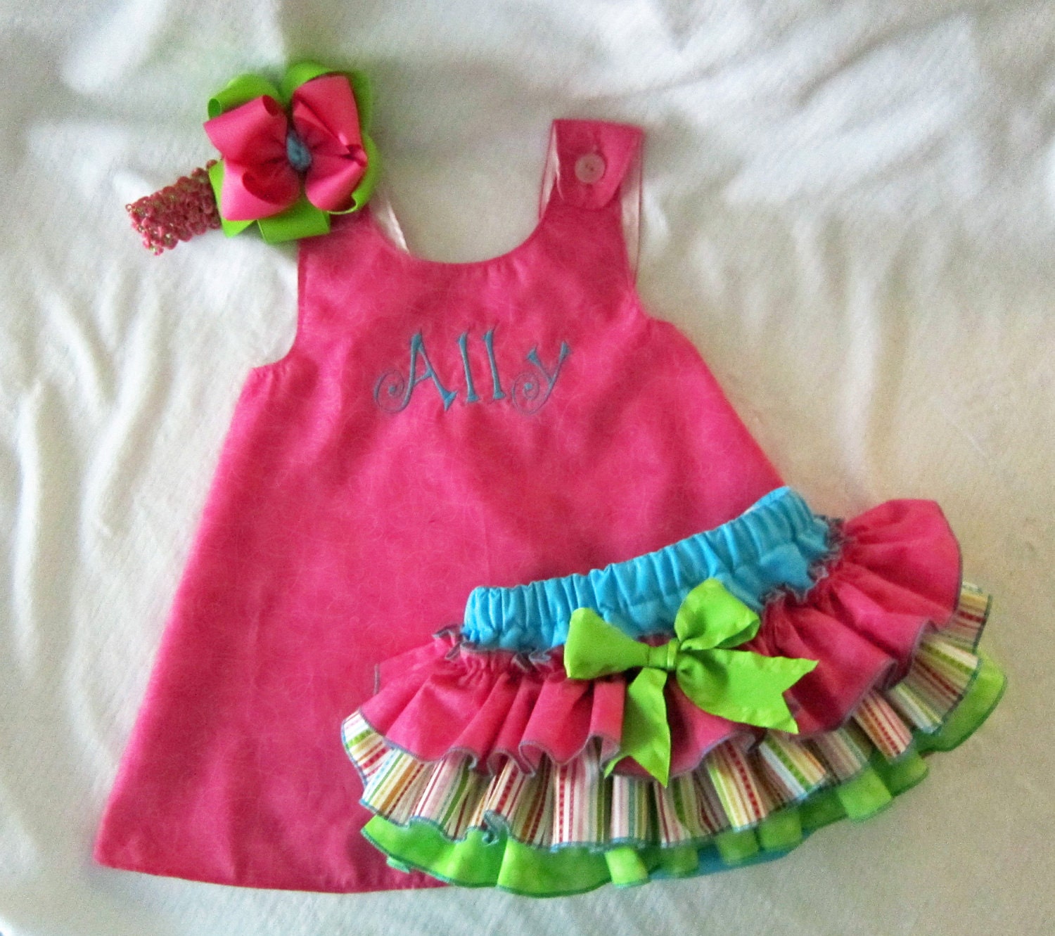 Pinafore Dress and Sassy Pants Ruffled Diaper Cover Set Candy Shop Monogram Available Hot Pink Green Blue