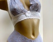 Deep Plung Lace Halter Bra Top with Matching Not for the Shy Sexy Low Dip Open Crotch Crotchless Lace Boy Shorts Panties Size Small