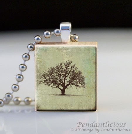 FREE CHAIN - Scrabble Tile Pendant - Vintage Tree
