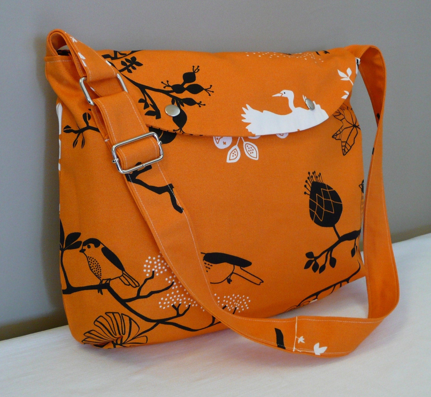 Messenger ,Orange canvas with Birds ,adjustable strap