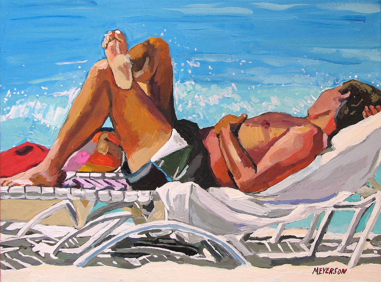 Summer Beach Fine Art Print 8x10, Male Beach Lounger, ocean blue brown Painting by Gwen Meyerson