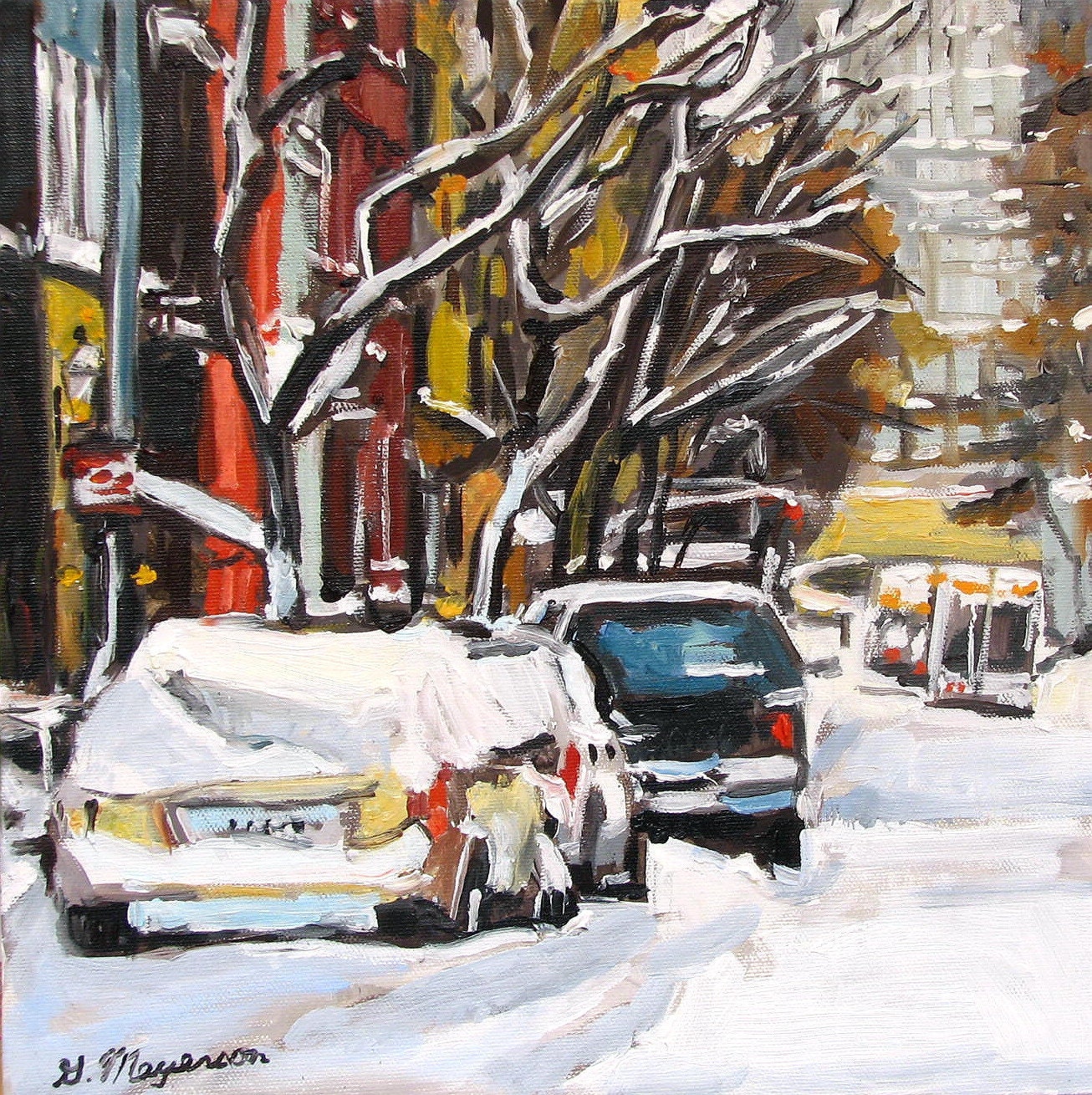 Winter Fine Art Print Cityscape Painting 8x8, City In Snow, Painting by Gwen Meyerson