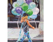 Summer Fine Art Print 8x10, "Girl With Balloons" New York City blue purple aqua green Figurative Painting by Gwen Meyerson - GwenMeyerson
