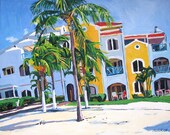 Summer Beach Fine Art Print  8x10, "Tropical Paradise" Caribbean yellow blue green beach Painting by Gwen Meyerson