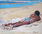 Fine Art Print Summer Beach 8x10, "In The Sand"  Figurative  beige ecru mauve turquoise Painting by Gwen Meyerson