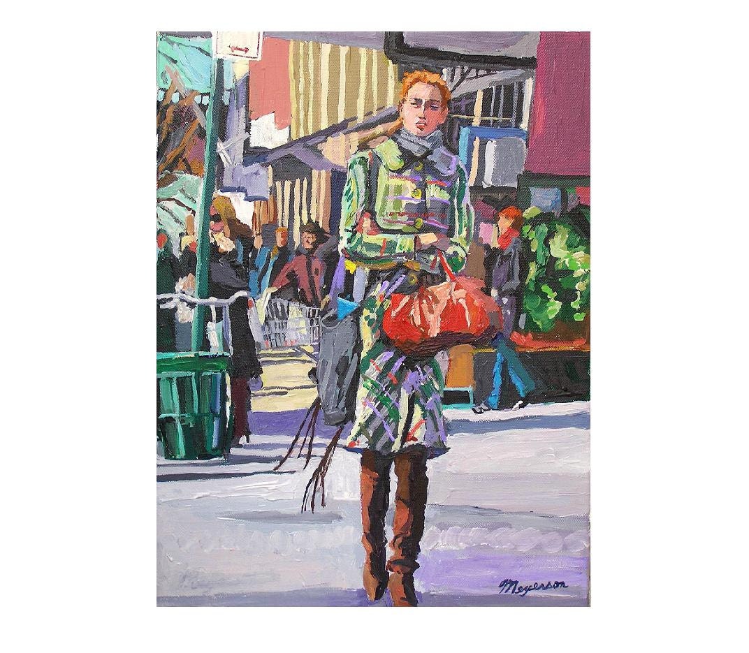 NYC Fine Art Print 8x10, "Girl In Plaid Coat" New York Figurative  lavender green mauve Painting by Gwen Meyerson
