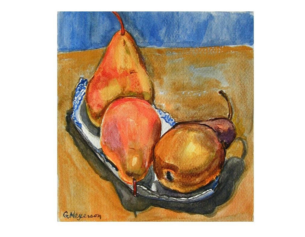 Fine Art Print Still Life Watercolor, Three Pears, tan brown ochre blue orange Painting by Gwen Meyerson