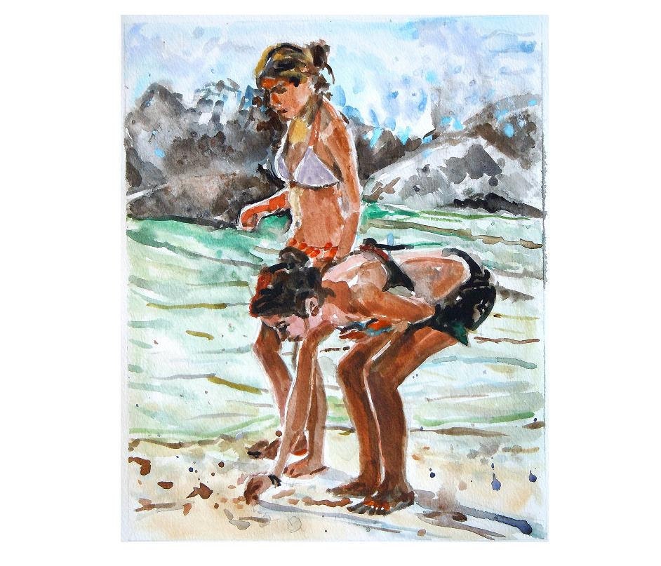 Original Watercolor Painting,Two Beach Girls , aqua brown earth tones by Gwen Meyerson