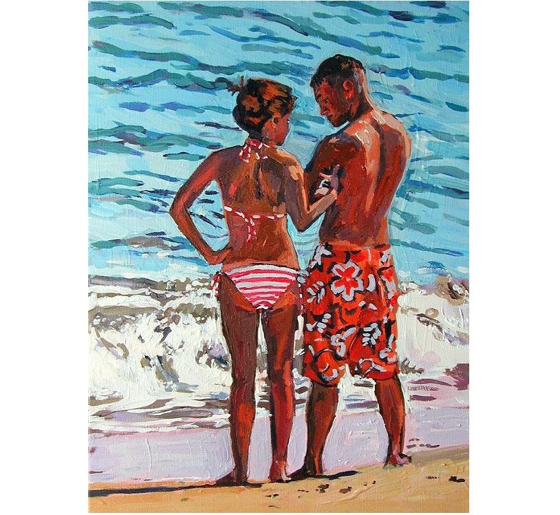 Fine Art Print 8x10, Couple At Beach, Original turquoise orange blue brown Painting by Gwen Meyerson