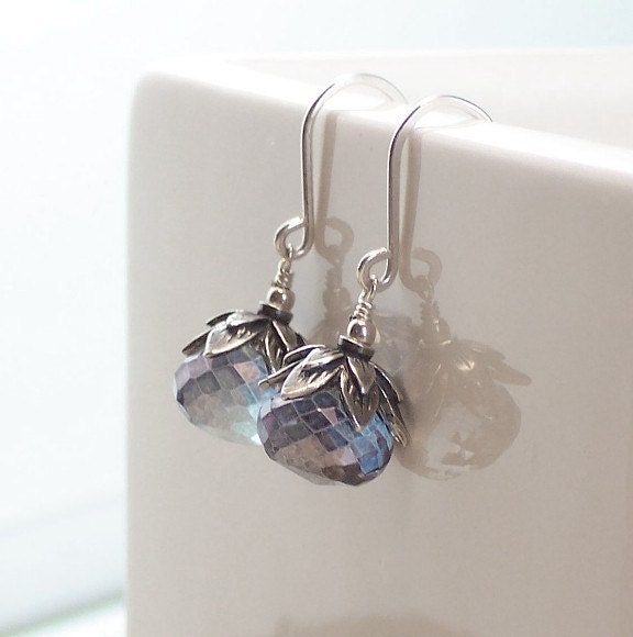 Mystic Blue Quartz Gemstone Earrings Sterling Silver Leaf Cap - Handmade Winter Jewelry