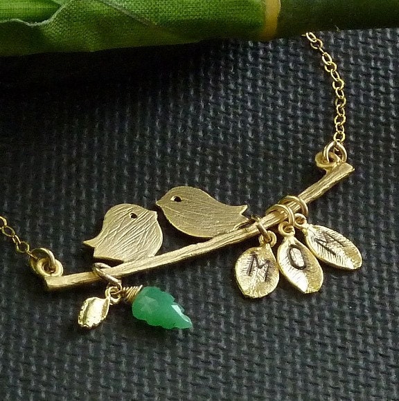 Personalized Initial Leaf Chrysoprase Carved Gemstone Leaf Love Birds On Branch Necklace Mothers Day Gift