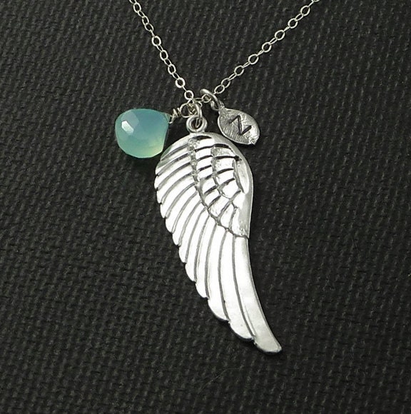 Personalized Jewelry Wing Charm Necklace Initial Leaf Choice of Gemstone Sterling SIlver Chain- Let Love Soar - Handmade Winter Fashion
