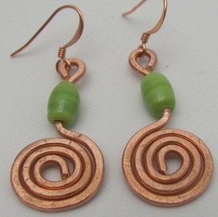 Copper Wire Earrings - Green Beaded (Circles Of Life) ONSALE.