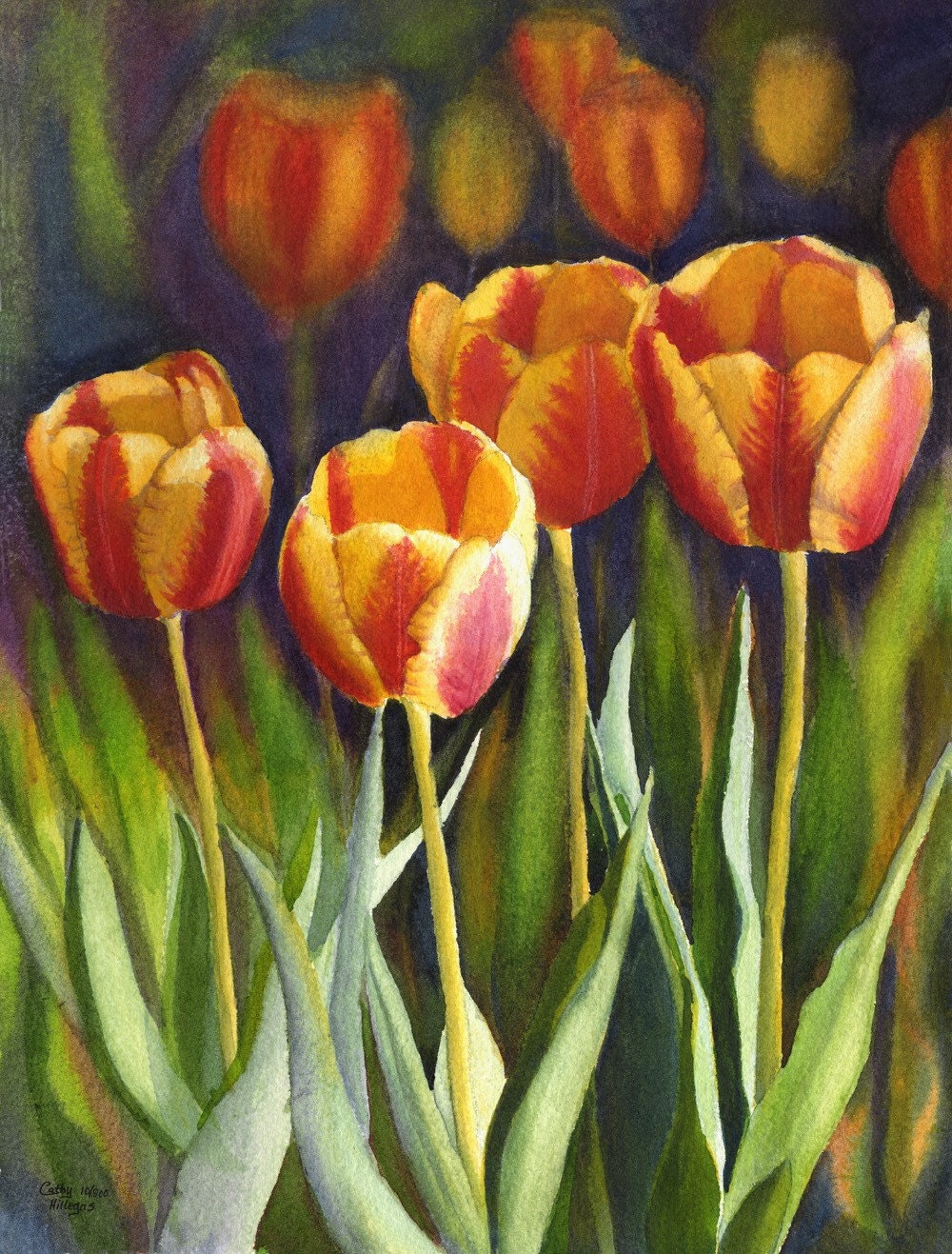 Yellow Red Tulips watercolor floral print from original painting by Cathy Hillegas