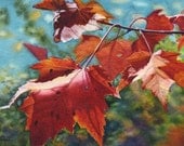 Autumn leaves art watercolor painting print by Cathy Hillegas, red leaves, maple tree, red, green, blue, orange, purple