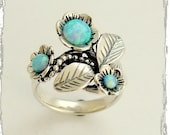 Sterling silver leaf and flowers ring with tiny blue opals - Blue grass.