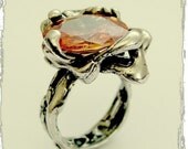 sculptural Silver ring with large faceted champagne CZ  stone.-  Like a dream-