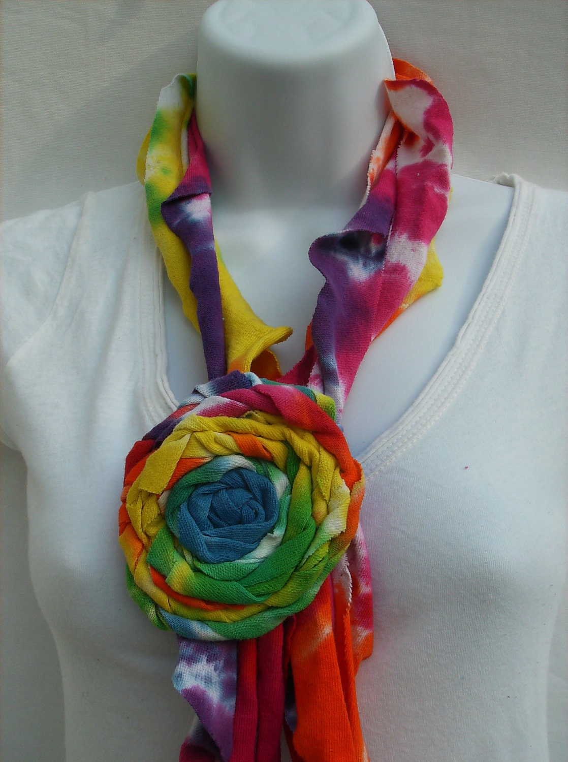 Summer Scarf - Upcycled Tye Dye (with rosette)