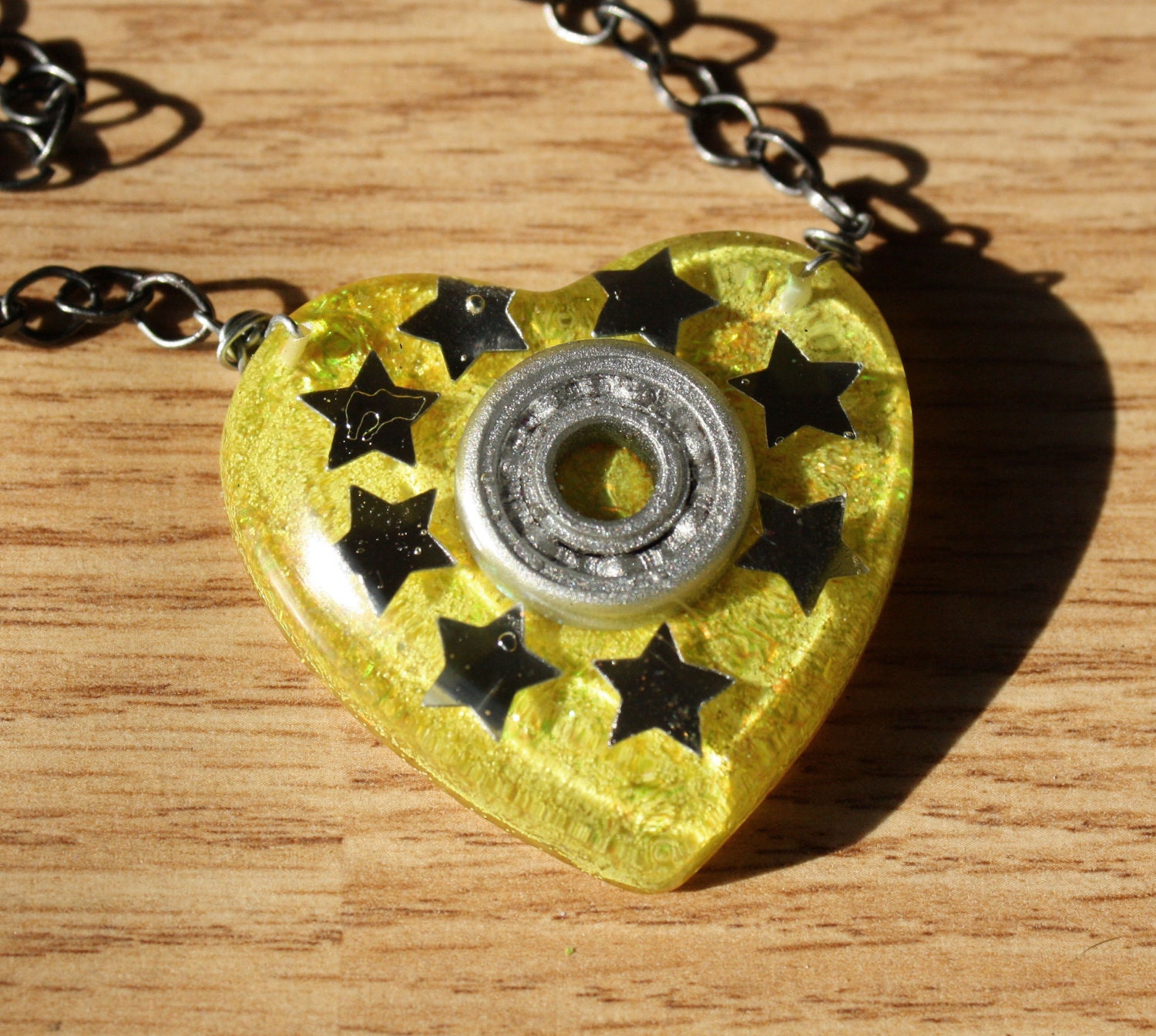 BEARING NECKLACE - Yellow Heart with Silver Bearing and Stars - hand cast resin pendant