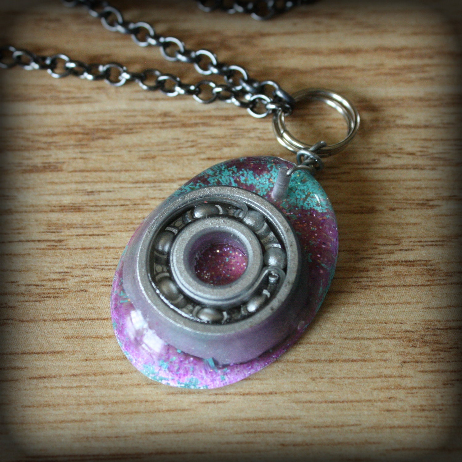 BEARING NECKLACE - Purple and Turquoise with Silver Bearing - cast resin pendant