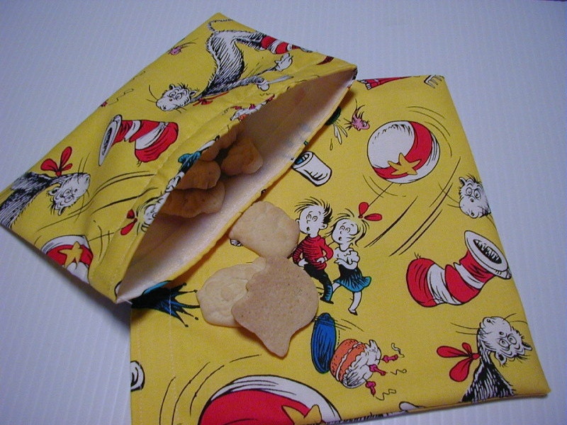 2pc  Cat in the Hat  Yellow Reusable Snack Bag