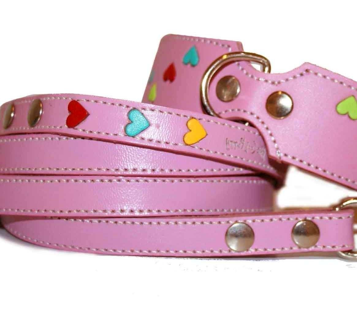 Tuff Love Leather Dog Collar and Leash Set  with  Hearts - Pink