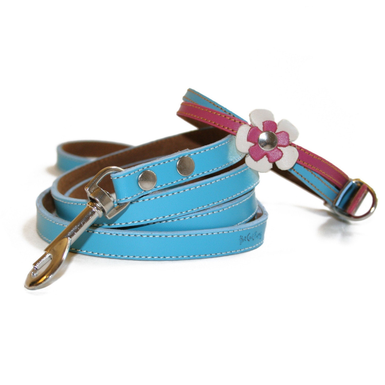 Swirls Leather Dog Collar and Leash Set - Pink n' Blue