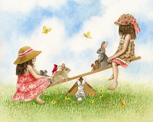 Playtime Seesaw - 8x10 archival watercolor print by Tracy Lizotte