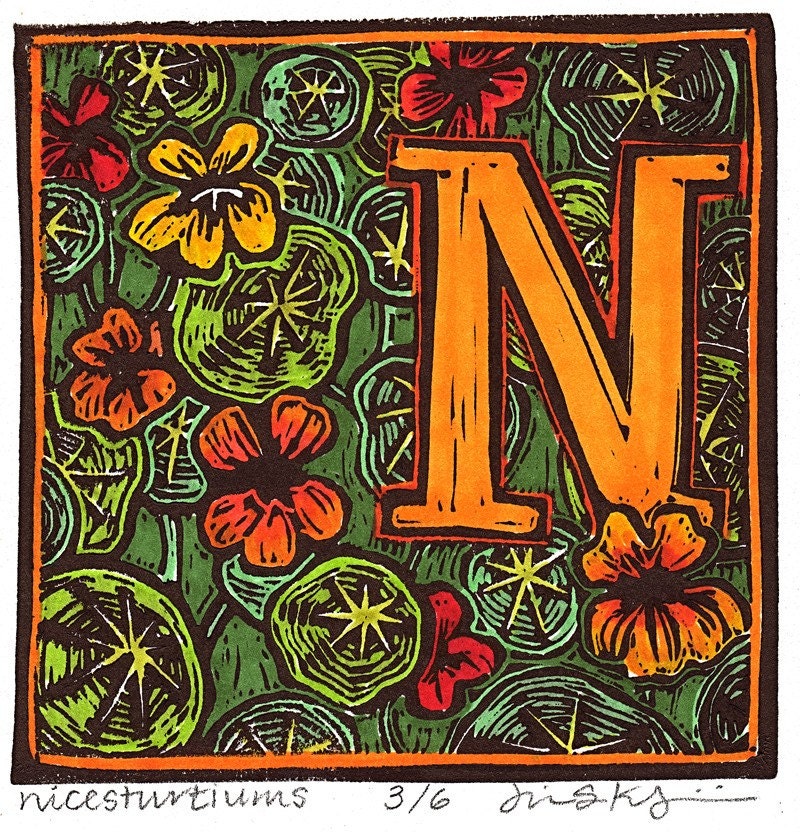 Block Print: N is for Nasturtium (matted) part of the Farm Alphabet Series