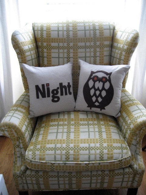 NIGHT OWL in Black - PAIR of pillows / cushions 14in (36cm) Sq