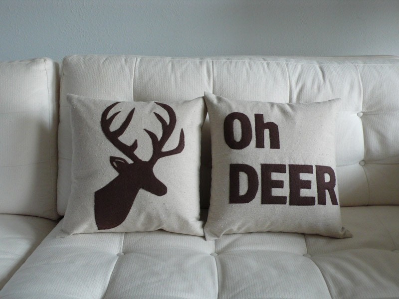 OH DEER, a Deer head Silhouette PAIR of pillows / cushions -- 14in (36cm) sq
