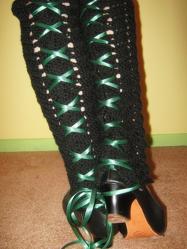 Crocheted Leg Warmers with Ribbon Lacing - Black and Green
