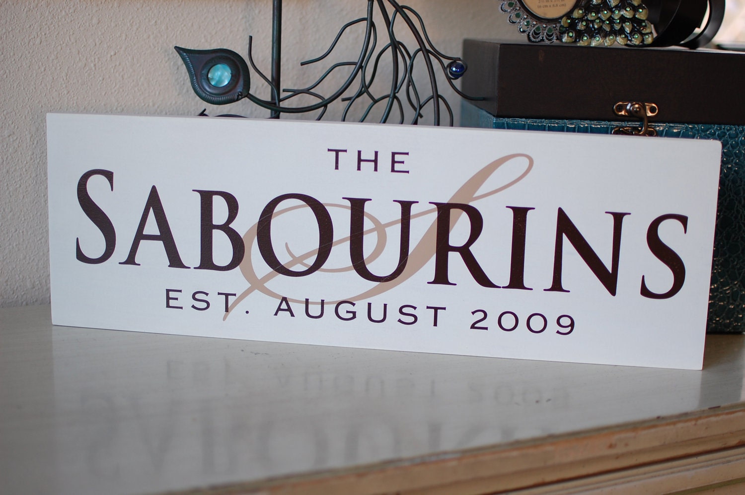 Personalized Family Name Sign Painted 7x22 Wood Sign with Wedding Date and Initial - ETS-13