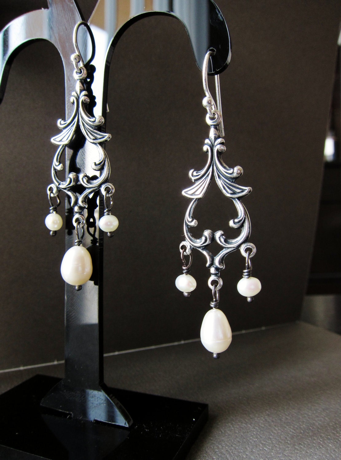 Antique Pearl Earrings Ivory White Freshwater Pearl Handmade Sterling Silver Simple Dangle