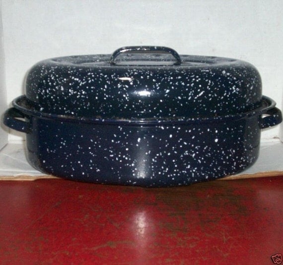 Roast roasting Pan Baker w Cover Blue Granite by FriedGreenTomato