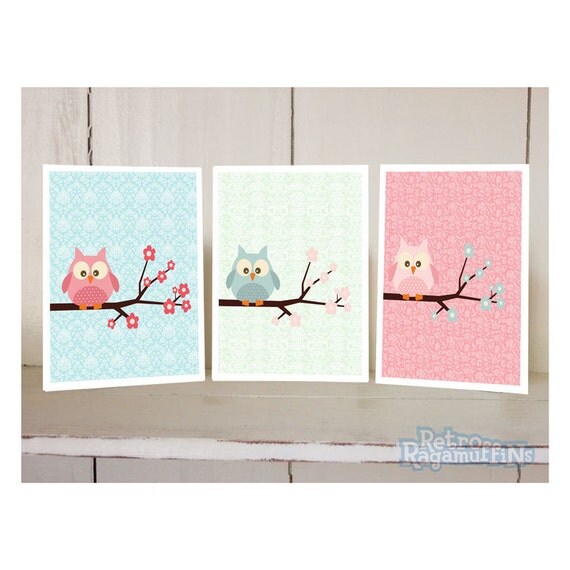 Vintage Wallpaper Owl Nursery Art Prints 8x10 Inches Girls Room Decor