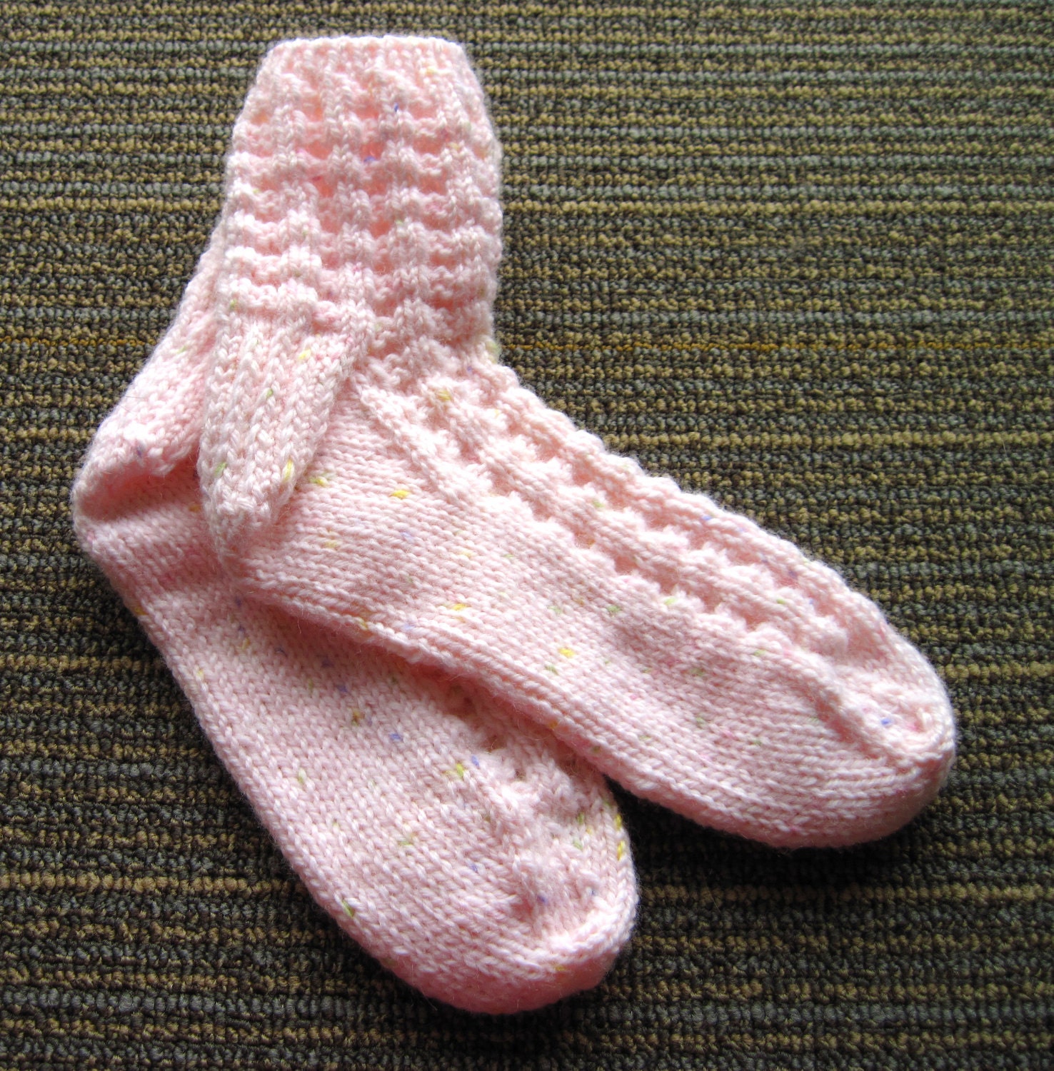 Women's Hand Knit Socks. Wool Acrylic Blend. Pale Pink with Specks of Color.