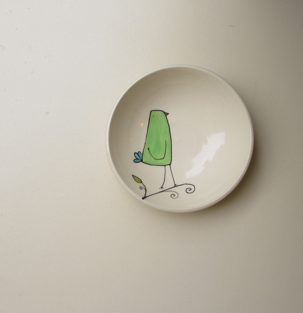 Green bird ceramic bowl, summer cabin home decor