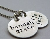 Two Disc Mother's Necklace - hand stamped and personalized sterling silver necklace  with brushed finish