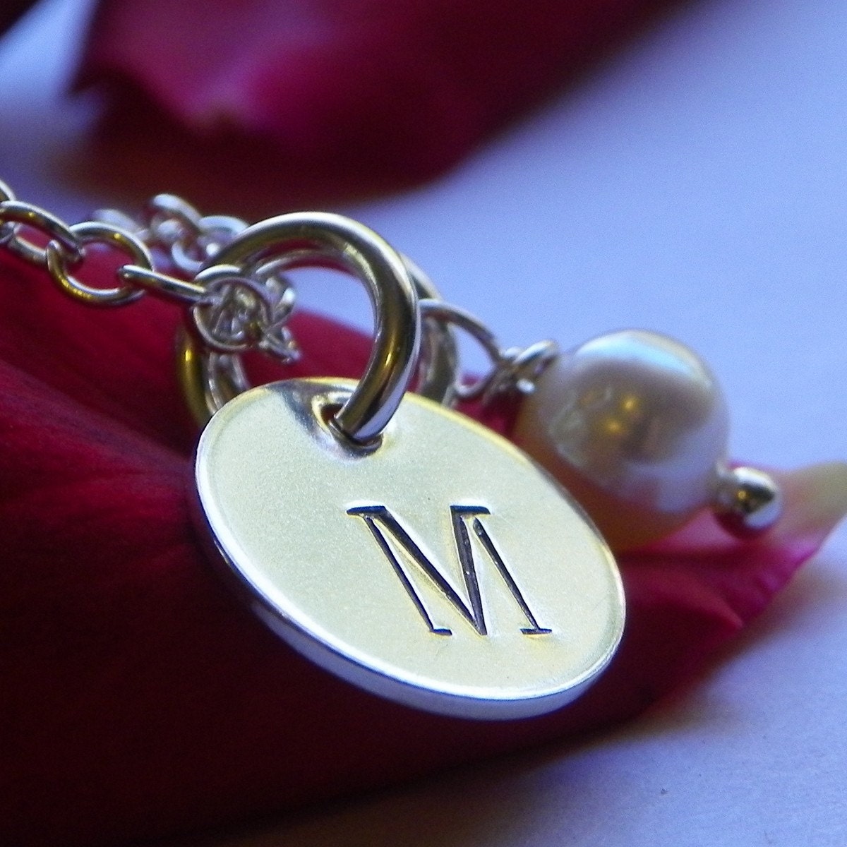 Itty Bitty Initial with pearl - hand stamped sterling silver necklace