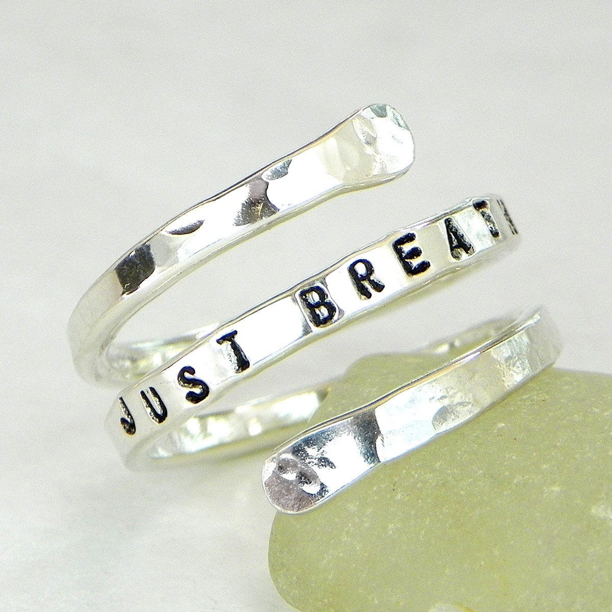 Just Breathe Ring -- hand stamped sterling silver spiral ring --- can be personalized