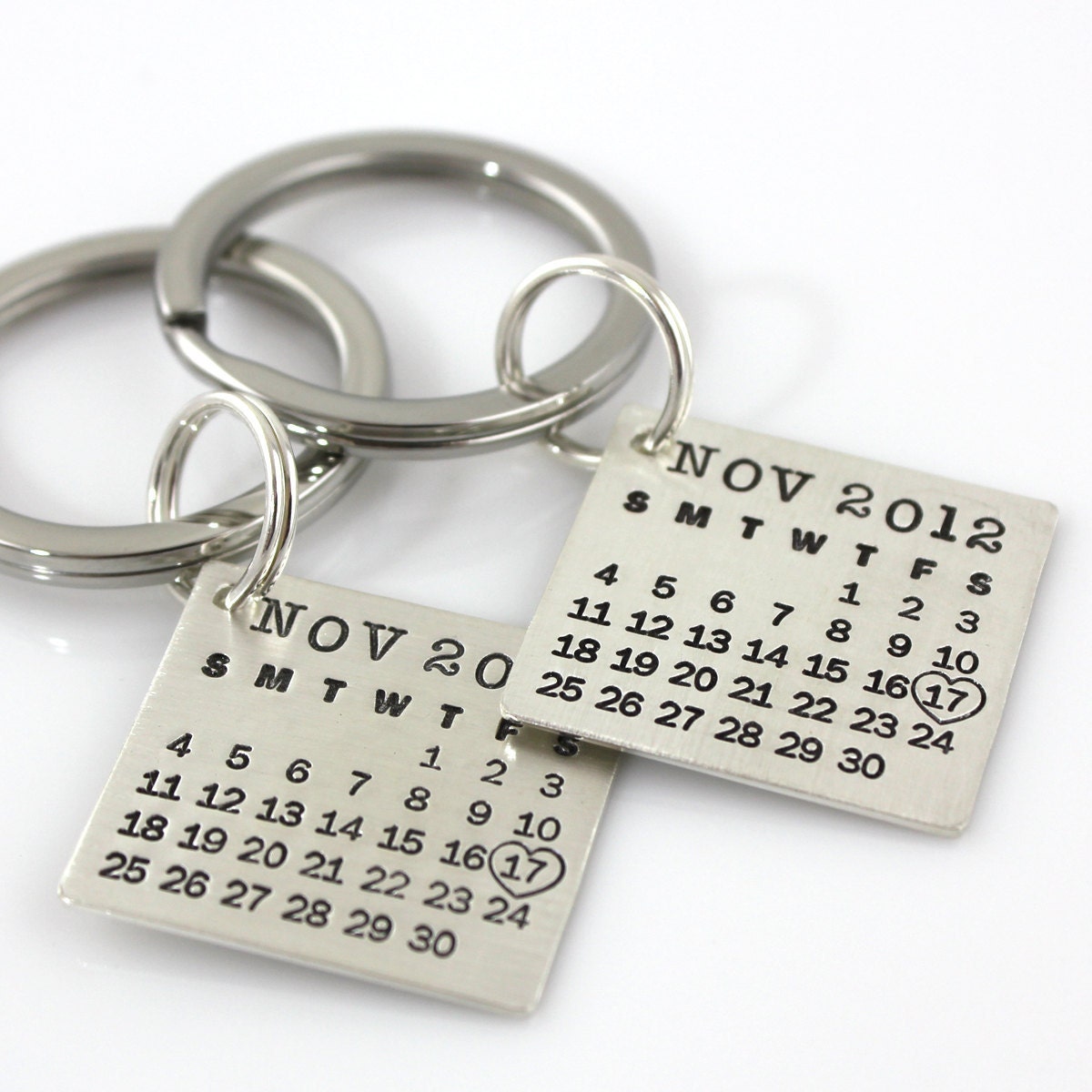 HIS and HERS Mark Your Calendar Keychains hand stamped and personalized sterling silver key chains