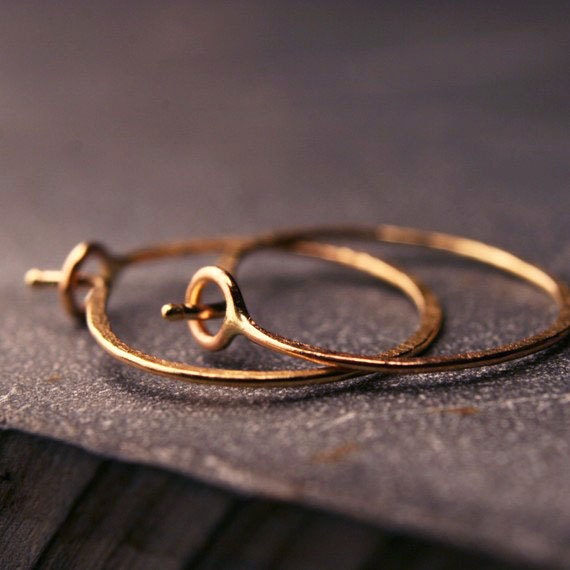Hammered hoops in solid 14 karat yellow gold tiny  1/2 inch
