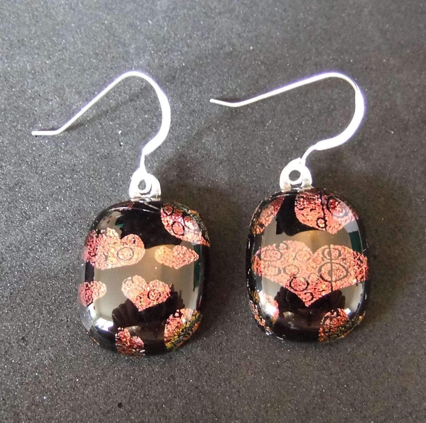 Mother's Day Earrings red and black hearts etched dichroic fused glass with sterling silver ear wires 938