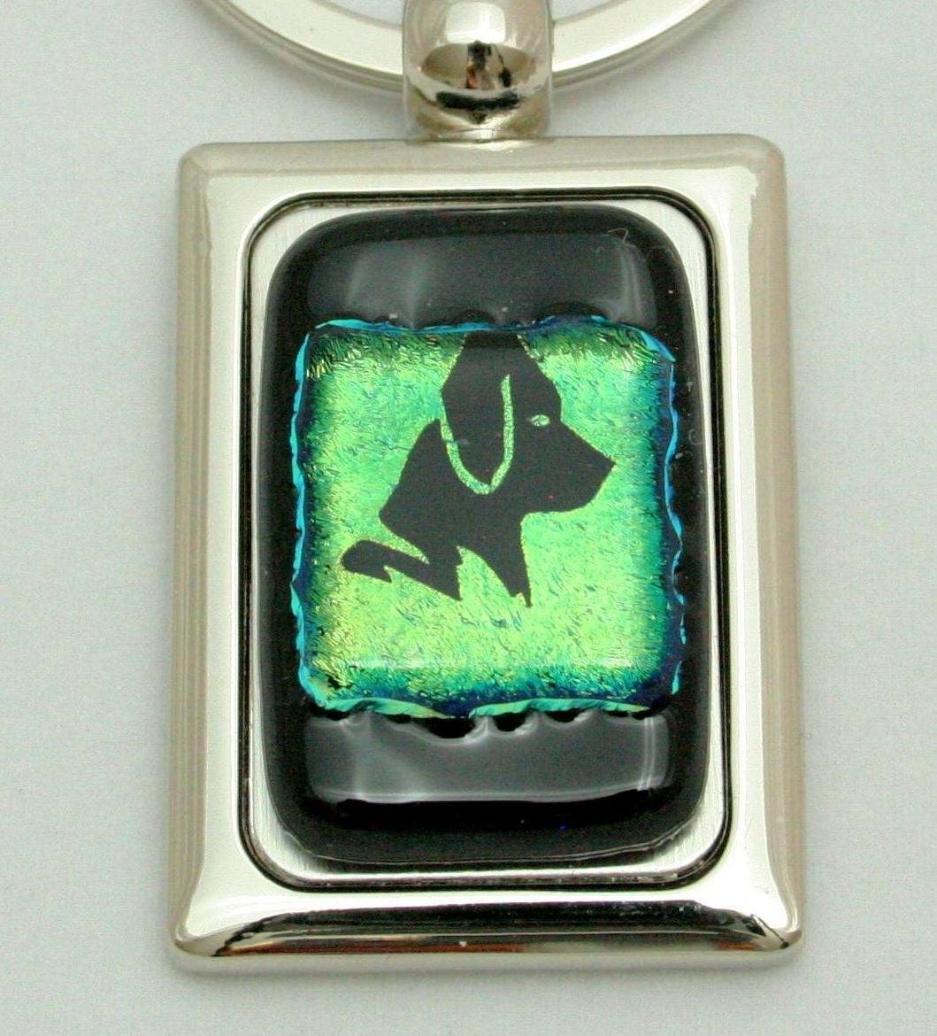 Dog Green and Black Fused Glass Etched Dichroic Keychain 1497