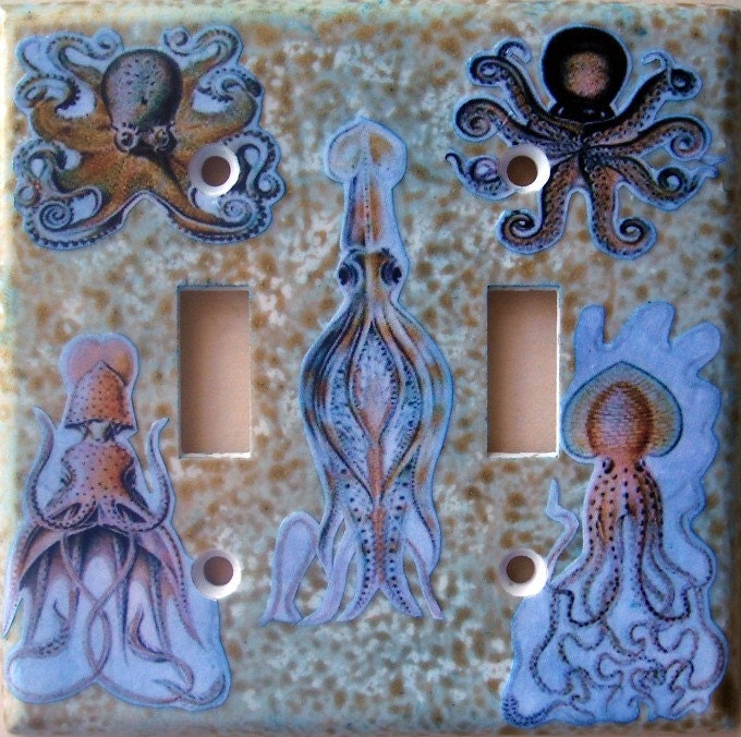SEA LIFE by Ernst Haeckel- A handmade Original Collage on a double toggle light switchplate with MATCHING sCREWS (ready to ship/C-s)