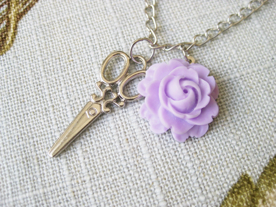 Scissors Necklace with Purple Rose