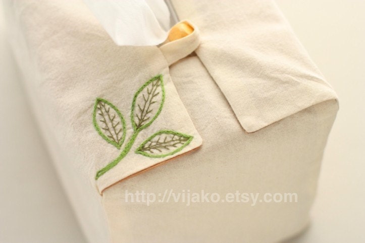 Hand embroidered tissue box cover, leaf design