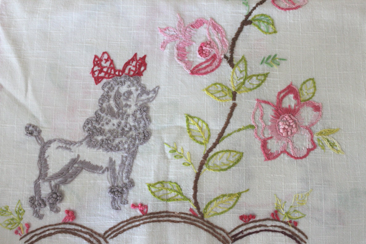 Vintage embroidered table dresser runner with poodle design